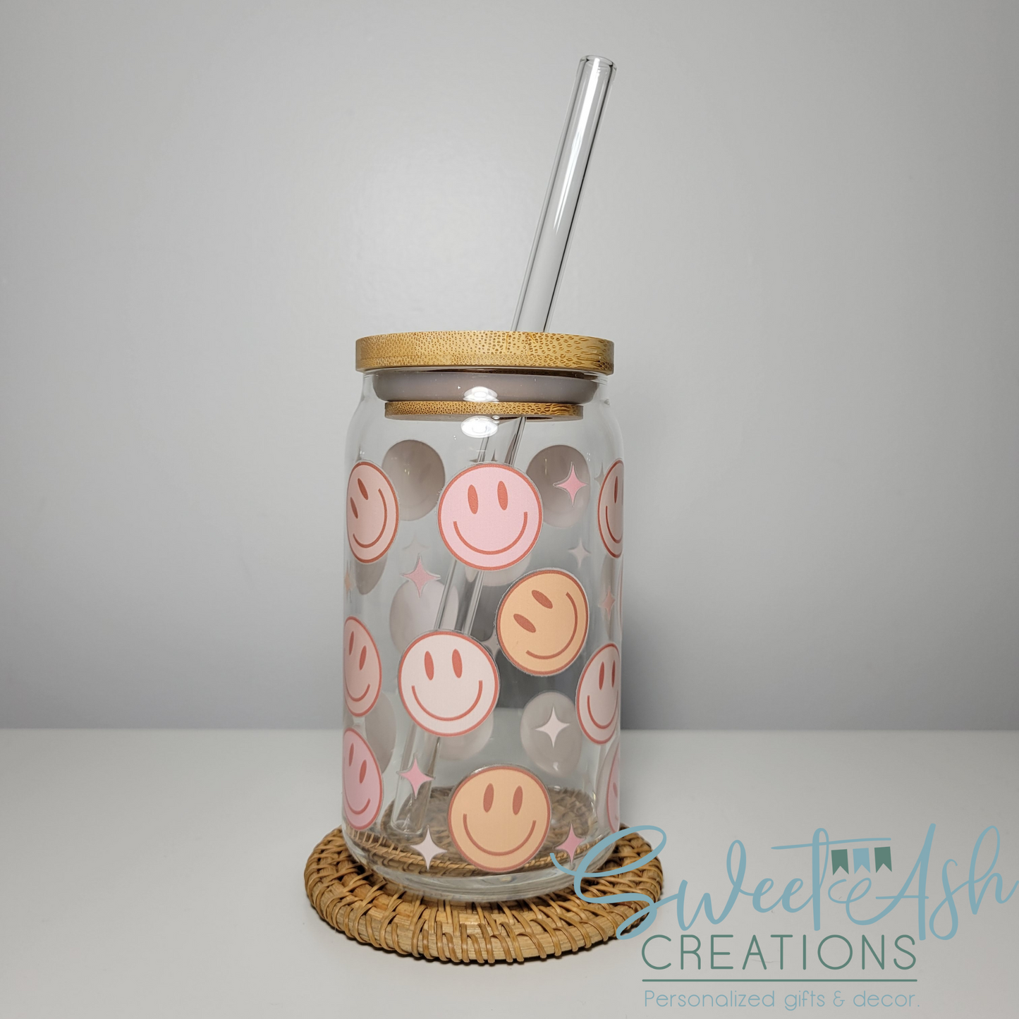 16oz Happy Face Glass Cup