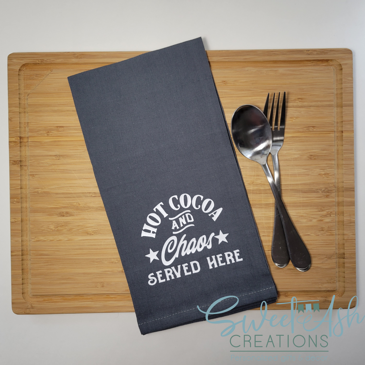 Hot Cocoa and Chaos Served Here Tea Towel